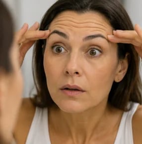 Raising the eyebrows to assess forehead skin bunching and brow mobility