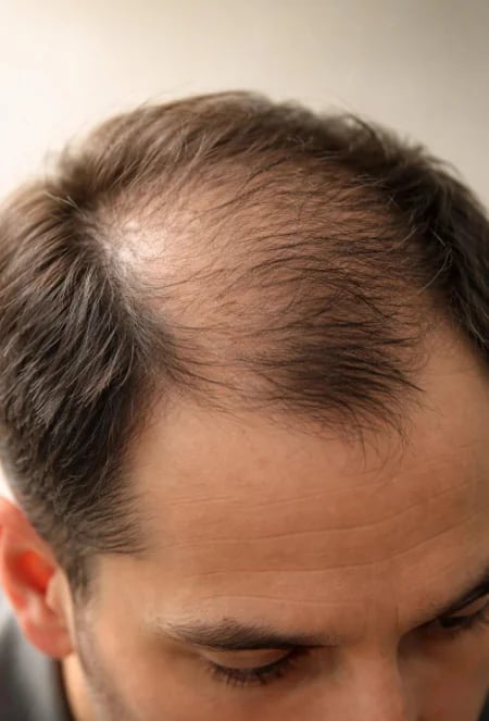 Thinning crown of the kind evaluated before FUE hair restoration