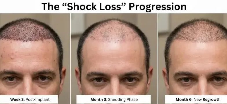 Shock loss progression: post-implant at week three, shedding at month three, new regrowth at month six